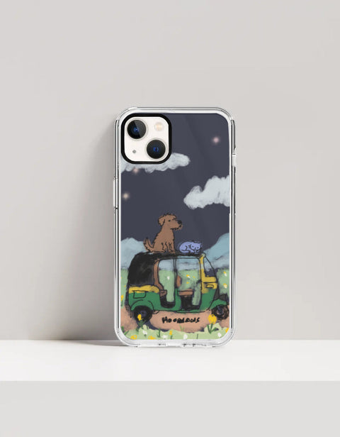 Hoomans Night Shift iPhone case — hand-painted dog and cat riding an auto-rickshaw at night