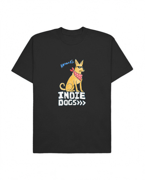 Indie Dogs oversized tee in black, crayon drawn indie dog in sunglasses and a red bandana