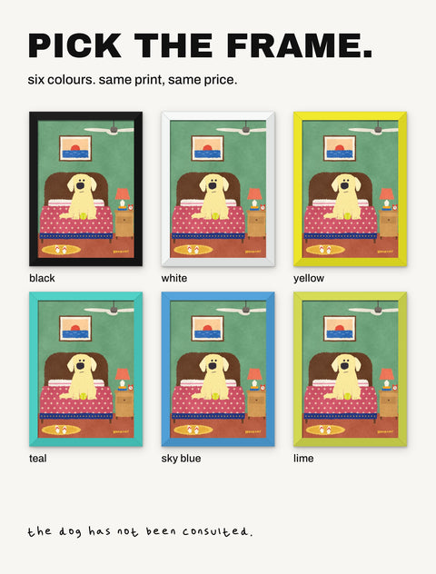 The labrador poster shown in all six frame colours: black, white, yellow, teal, sky blue, lime