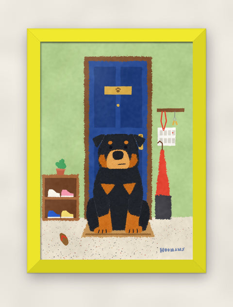 Rottweiler at the Door art print in a yellow frame on a plain wall