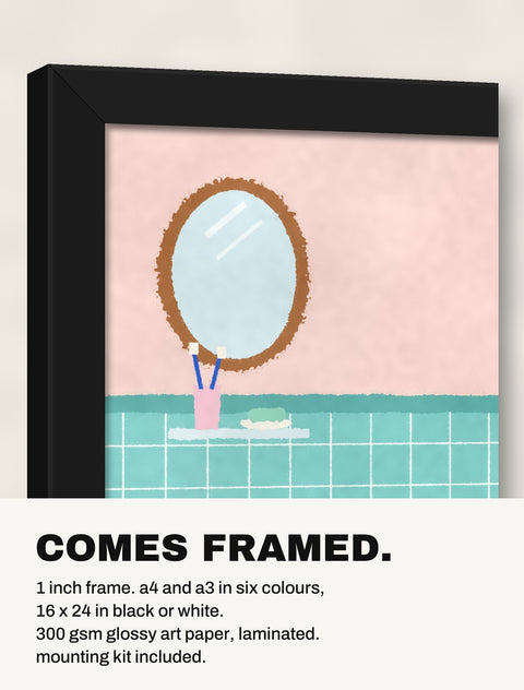 Corner of the black frame at an angle showing the Shih Tzu in the Bathroom print inside