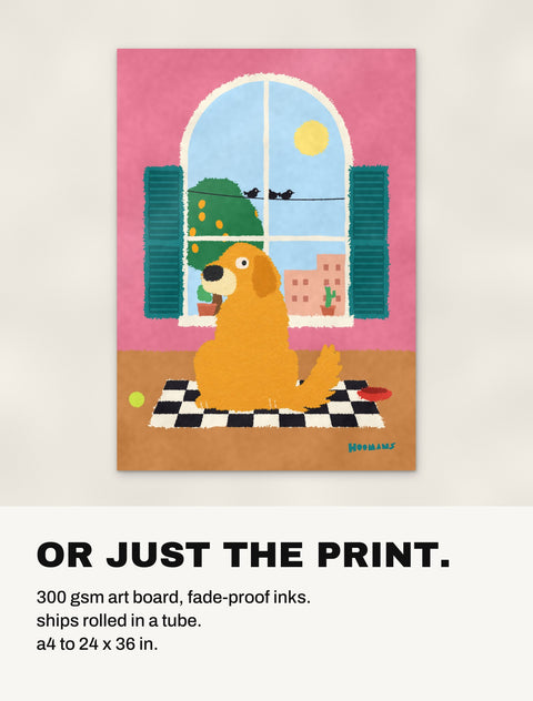 The Golden Retriever at the Window print without a frame: 300 gsm art board, shipped rolled in a tube