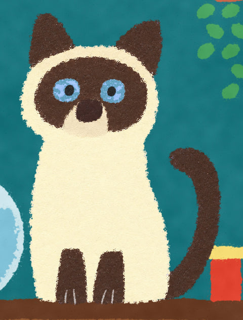 Close-up of the siamese cat in the poster, flat chalky painted texture