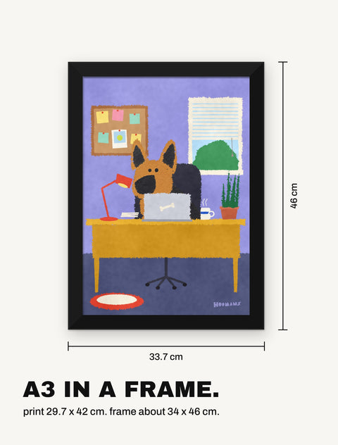 Framed german shepherd poster with its measurements, A3 print in a black frame