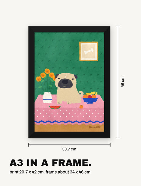 Framed pug poster with its measurements, A3 print in a black frame