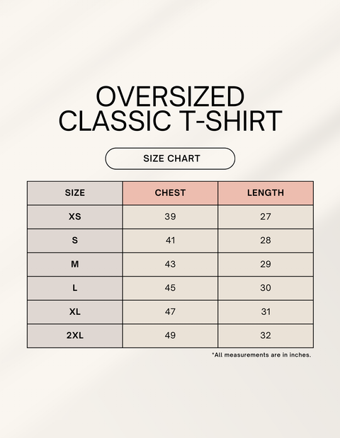 Hoomans size guide for the classic oversized tee: chest and length in inches, XS to 2XL