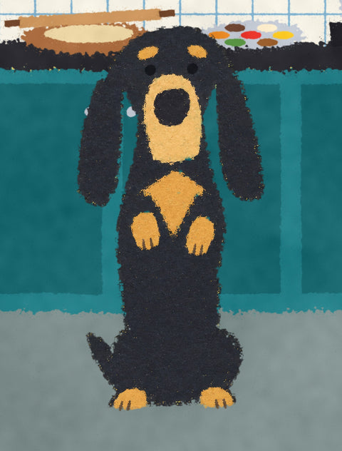 Close-up of the dachshund in the poster, flat chalky painted texture