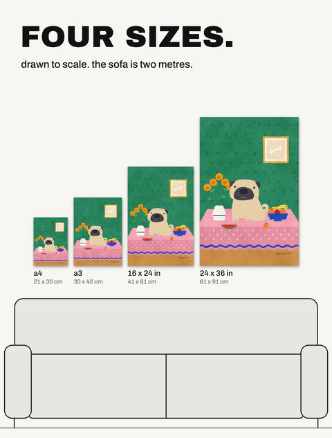 The Pug at the Table poster in all four sizes, A4, A3, 16 x 24 in and 24 x 36 in, drawn to scale over a two metre sofa