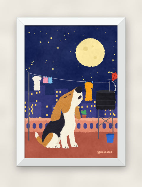 Beagle on the Terrace art print in a white frame on a plain wall
