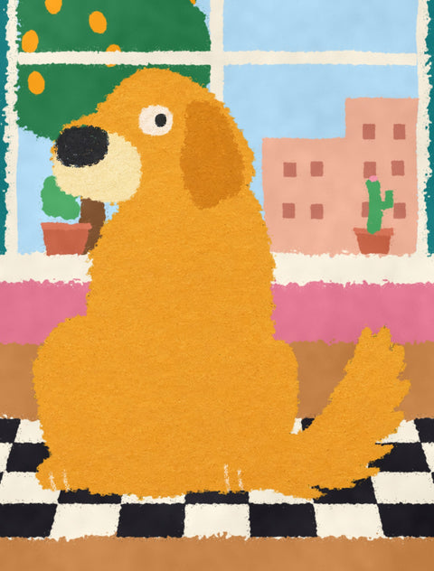 Close-up of the golden retriever in the poster, flat chalky painted texture