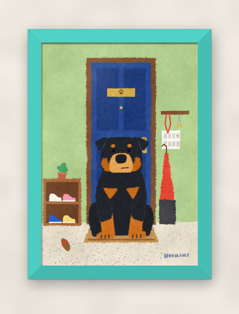 Rottweiler at the Door art print in a teal frame on a plain wall