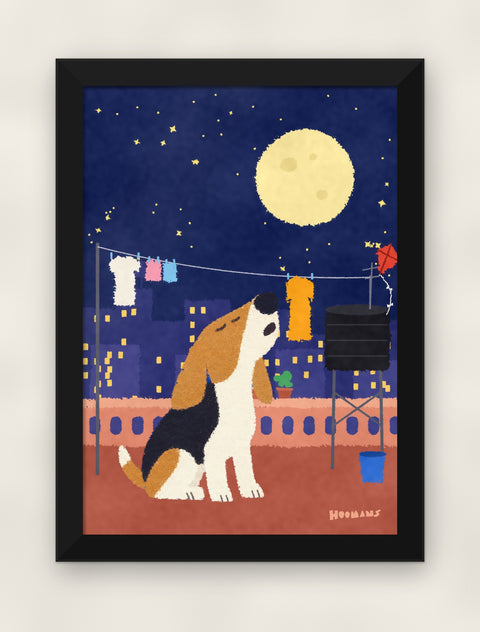 Beagle on the Terrace art print in a black frame on a plain wall, front view