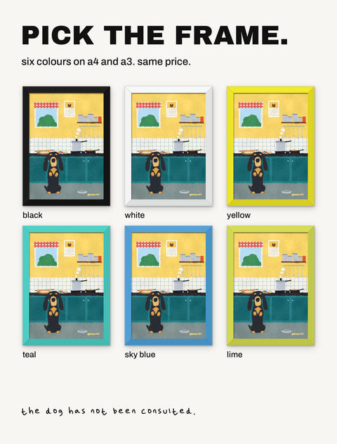 The Dachshund in the Kitchen poster shown in all six frame colours: black, white, yellow, teal, sky blue, lime