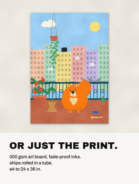 The Pomeranian on the Balcony print without a frame: 300 gsm art board, shipped rolled in a tube