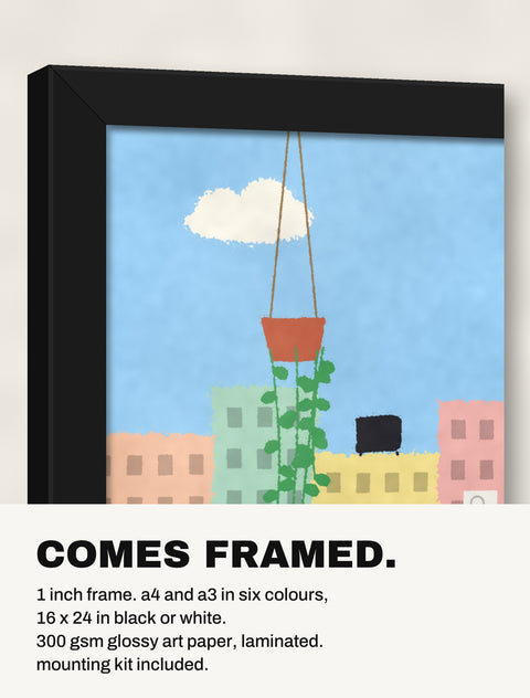 Corner of the black frame at an angle showing the Pomeranian on the Balcony print inside