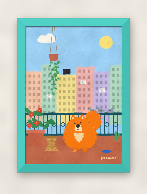 Pomeranian on the Balcony art print in a teal frame on a plain wall