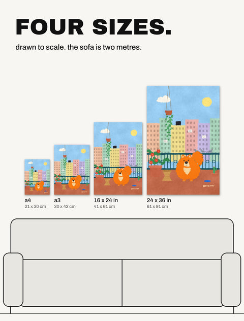 The Pomeranian on the Balcony poster in all four sizes, A4, A3, 16 x 24 in and 24 x 36 in, drawn to scale over a two metre sofa