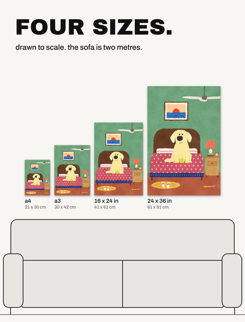 The Labrador on the Bed poster in all four sizes, A4, A3, 16 x 24 in and 24 x 36 in, drawn to scale over a two metre sofa