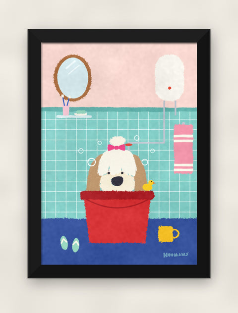 Shih Tzu in the Bathroom art print in a black frame on a plain wall, front view