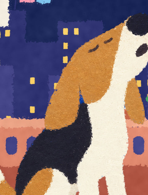 Close-up of the beagle in the poster, flat chalky painted texture