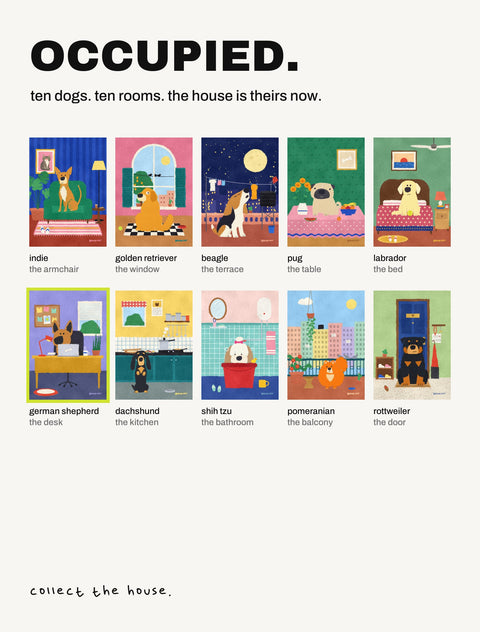 All ten Occupied posters by Hoomans: ten dog breeds, each in a different room of the house