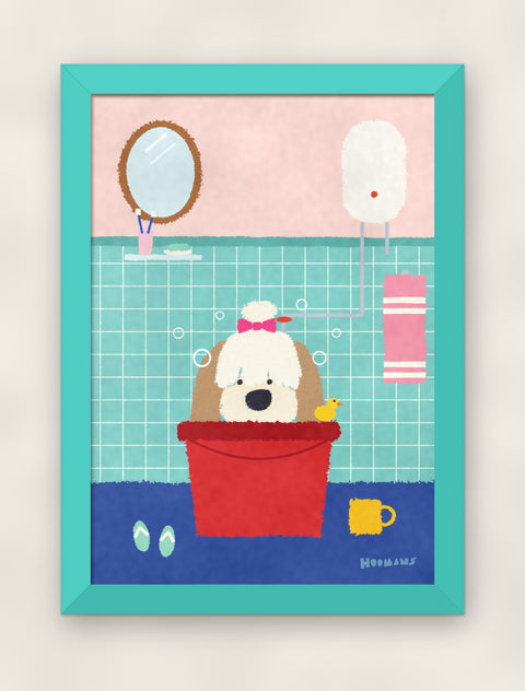Shih Tzu in the Bathroom art print in a teal frame on a plain wall