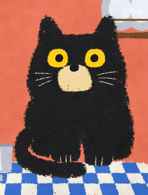 Close-up of the black cat in the poster, flat chalky painted texture