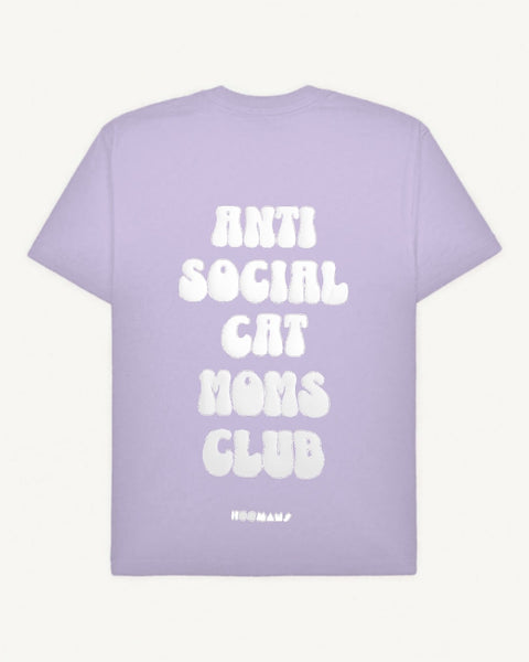 Lavender oversized tee with 'Anti Social Cat Moms Club' white puff print, back flat lay