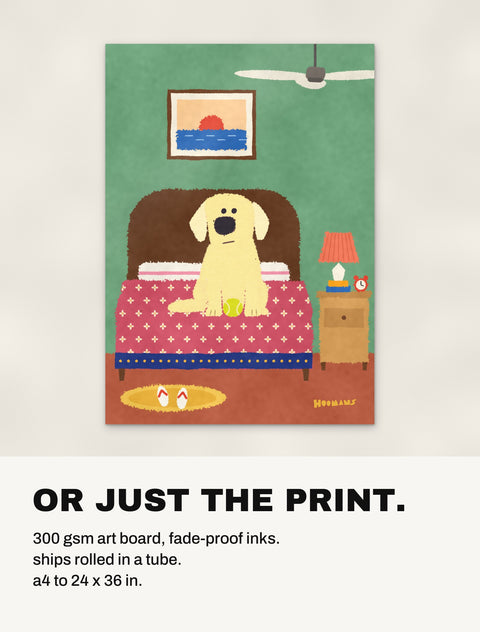 The Labrador on the Bed print without a frame: 300 gsm art board, shipped rolled in a tube