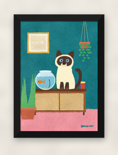 Siamese by the Fishbowl art print in a black frame on a plain wall, front view