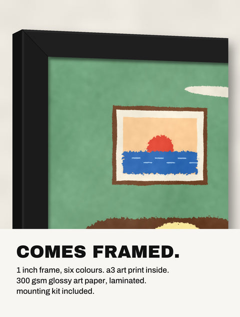 Corner of the black frame at an angle showing the labrador print inside