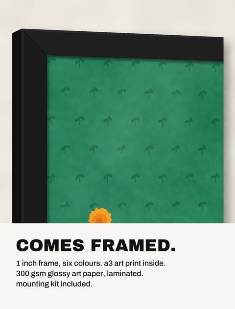 Corner of the black frame at an angle showing the pug print inside