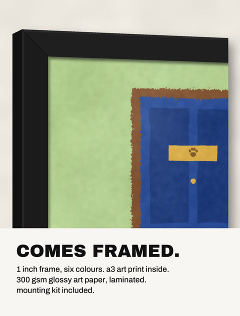 Corner of the black frame at an angle showing the rottweiler print inside