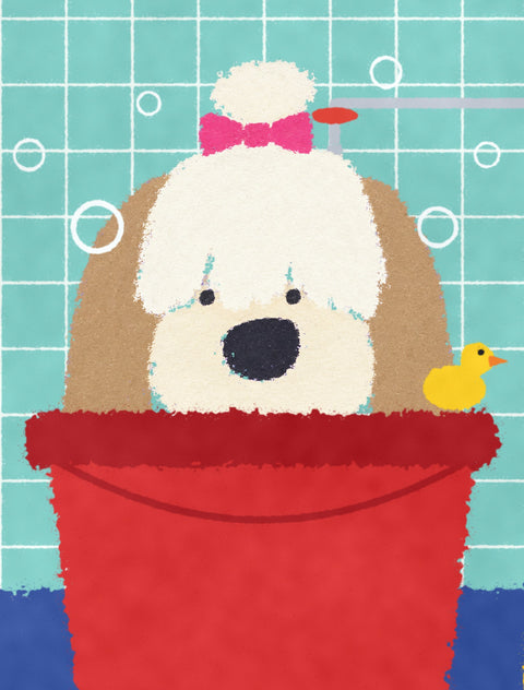 Close-up of the shih tzu in the poster, flat chalky painted texture