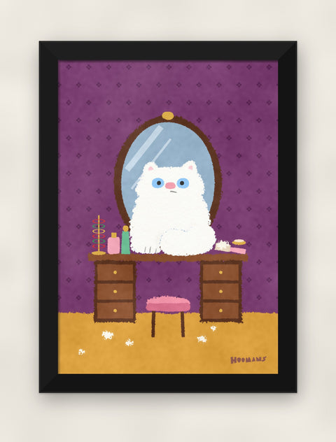 Persian at the Mirror art print in a black frame on a plain wall, front view