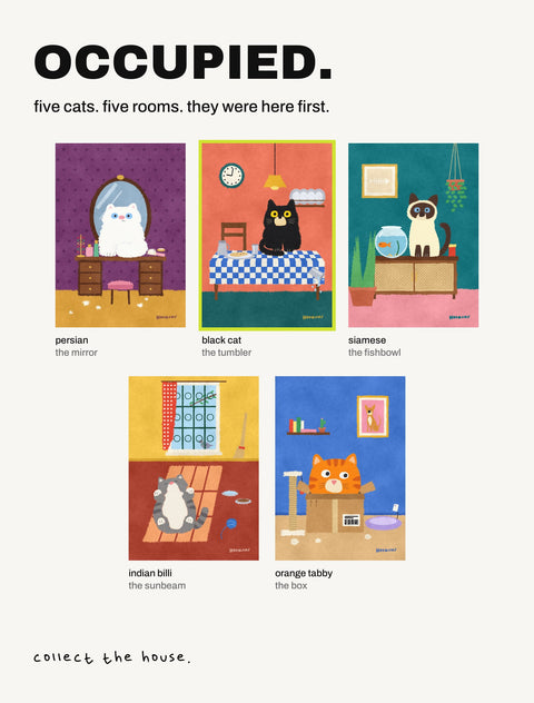 All five Occupied cat posters by Hoomans: five cats, each in a different room of the house