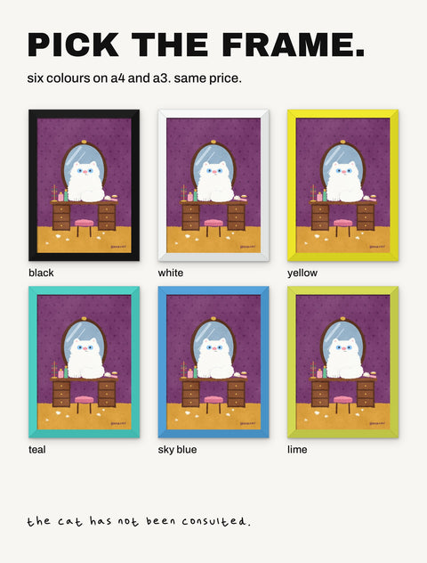 The Persian at the Mirror poster shown in all six frame colours: black, white, yellow, teal, sky blue, lime