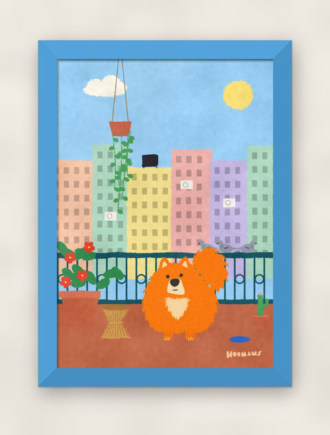 Pomeranian on the Balcony art print in a sky blue frame on a plain wall