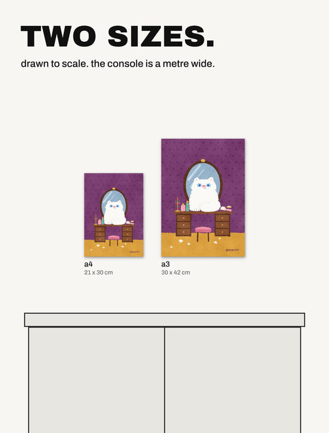 The Persian at the Mirror poster in both sizes, A4 and A3, drawn to scale over a one metre console