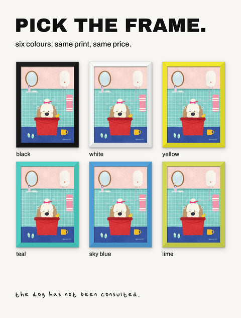The shih tzu poster shown in all six frame colours: black, white, yellow, teal, sky blue, lime