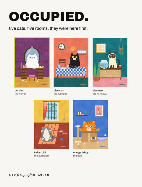 All five Occupied cat posters by Hoomans: five cats, each in a different room of the house