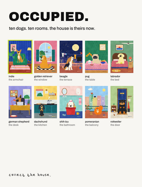 All ten Occupied posters by Hoomans: ten dog breeds, each in a different room of the house