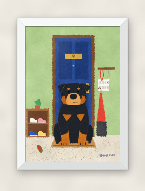 Rottweiler at the Door art print in a white frame on a plain wall