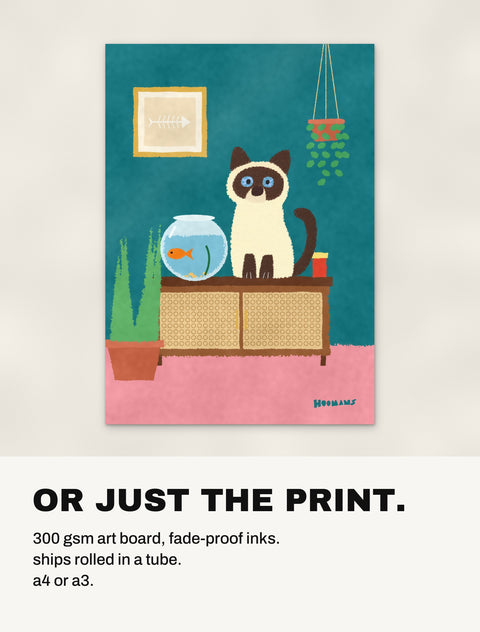 The Siamese by the Fishbowl print without a frame: 300 gsm art board, shipped rolled in a tube