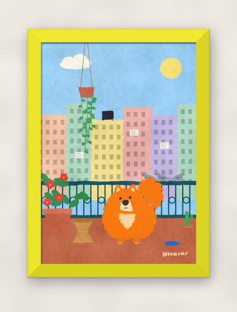 Pomeranian on the Balcony art print in a yellow frame on a plain wall