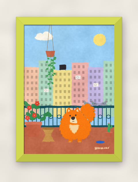 Pomeranian on the Balcony art print in a lime frame on a plain wall