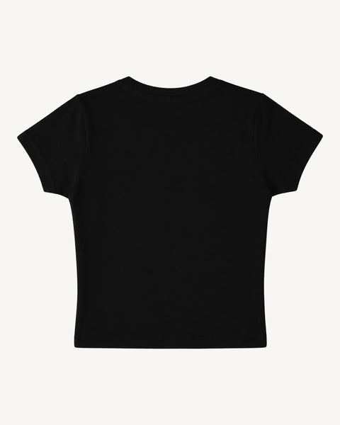 Black baby tee back view, plain, flat lay, Hoomans India