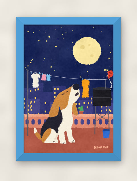 Beagle on the Terrace art print in a sky blue frame on a plain wall