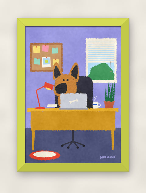 German Shepherd at the Desk art print in a lime frame on a plain wall