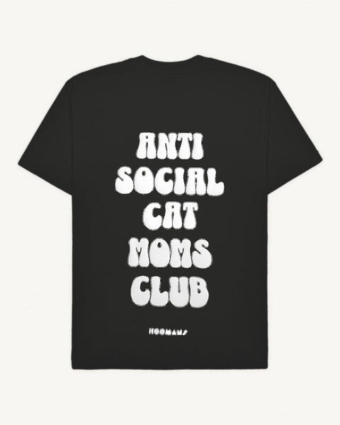 Black oversized tee with 'Anti Social Cat Moms Club' white puff print, back flat lay